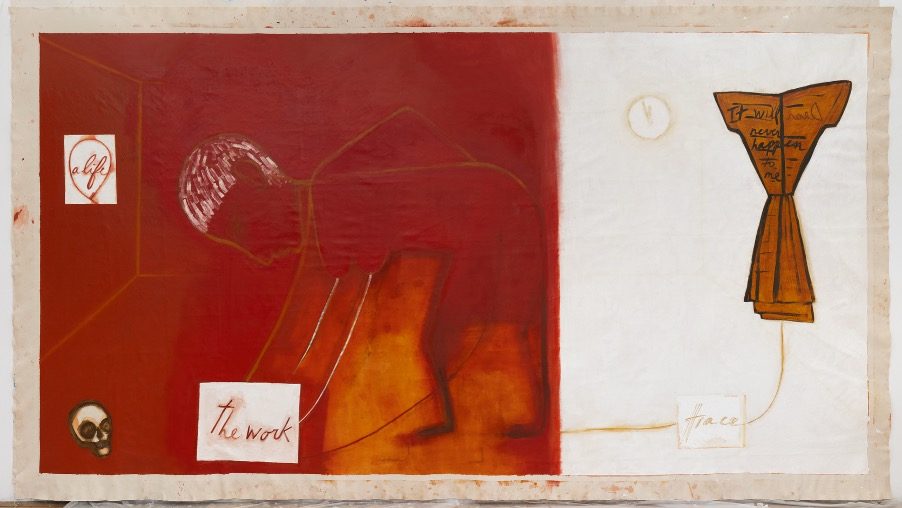 Mira Schor, The Work (Red Studio), 2021, oil on canvas, 279.4 x 546.1 cm © Mira Schor.KD collection, Hong Kong, courtesy Lyles & King, New York and Marcelle Alix, Paris.