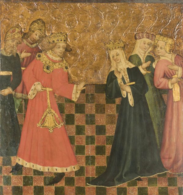 An ornate golden panel depicting two groups of figures wearing ornate medieval clothing, headdresses and crowns. In the centre, a woman and man seem engaged in a conversation; the woman leans towards him, her hand raised. The man reaches for her. Behind them, people watch and talk.