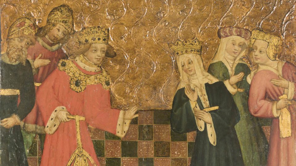 An ornate golden panel depicting two groups of figures wearing ornate medieval clothing, headdresses and crowns. In the centre, a woman and man seem engaged in a conversation; the woman leans towards him, her hand raised. The man reaches for her. Behind them, people watch and talk.