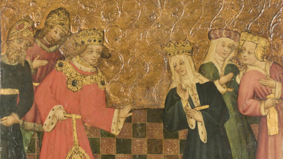 An ornate golden panel depicting two groups of figures wearing ornate medieval clothing, headdresses and crowns. In the centre, a woman and man seem engaged in a conversation; the woman leans towards him, her hand raised. The man reaches for her. Behind them, people watch and talk.