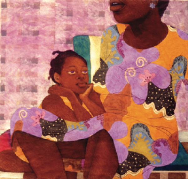 A bold colourful artwork shows a small child on a woman's knee. The woman's face is partially obscured; she appears to be in conversation. The child seems to be listening patiently with her face in her hands.
