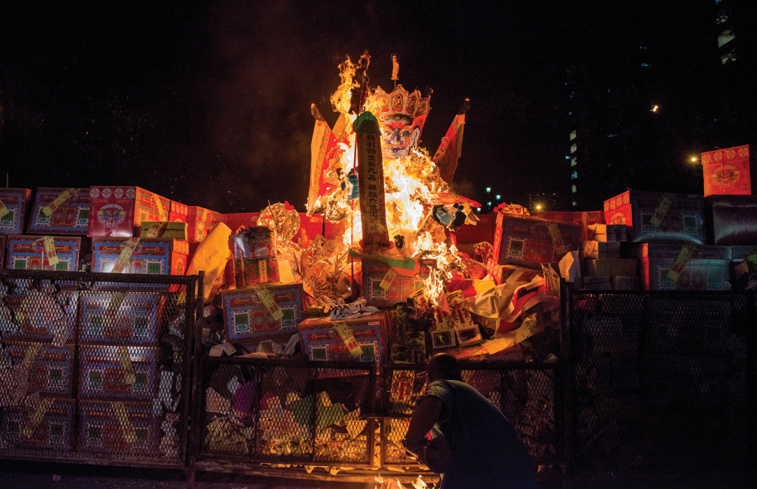 A burning effigy at the Hungry Ghost Festival in Singapore