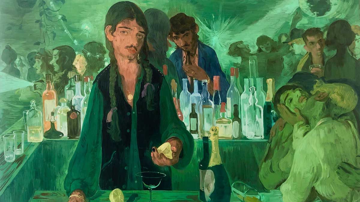 A painting of a man cutting a lemon behind a bar. The whole scene is a green hue and in the background there are rows of alcohol bottles (a bar), and a nightclub full of people.