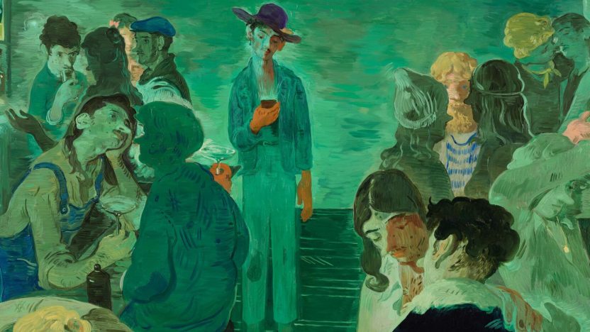 Green toned painting of a bar with figures.