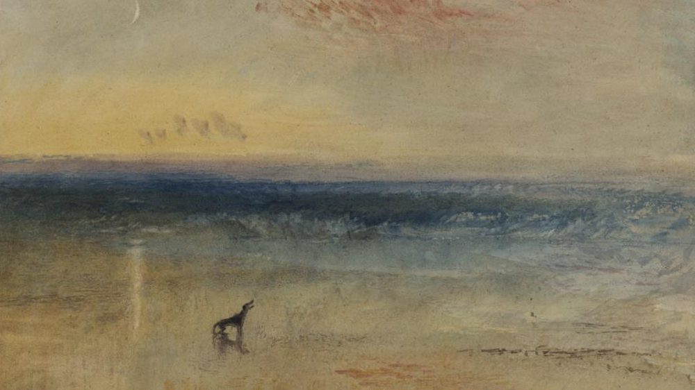 A watercolor of a dog on a beach, with loose colourwork blending beach, sea and sky.