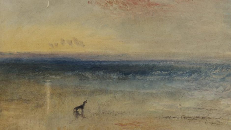 A watercolor of a dog on a beach, with loose colourwork blending beach, sea and sky.