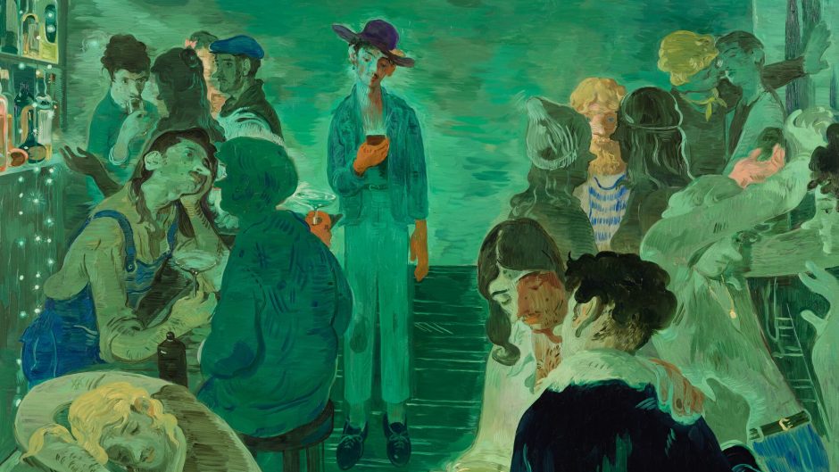Green toned painting of a bar with figures.