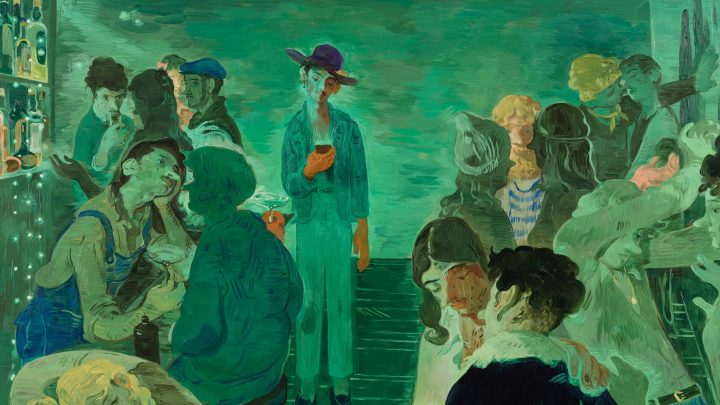 Green toned painting of a bar with figures.