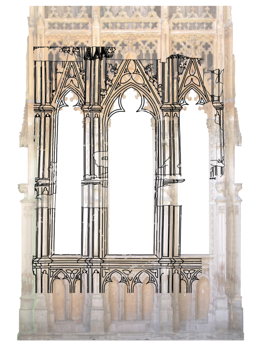 Superimposition of the tombstone depicted on the Kłodzko parchment (ca. 1390) onto an orthogonal view of the tomb of Innocent VI (ca. 1361–1362). Photo: J. Adamski, J. Raczkowski
