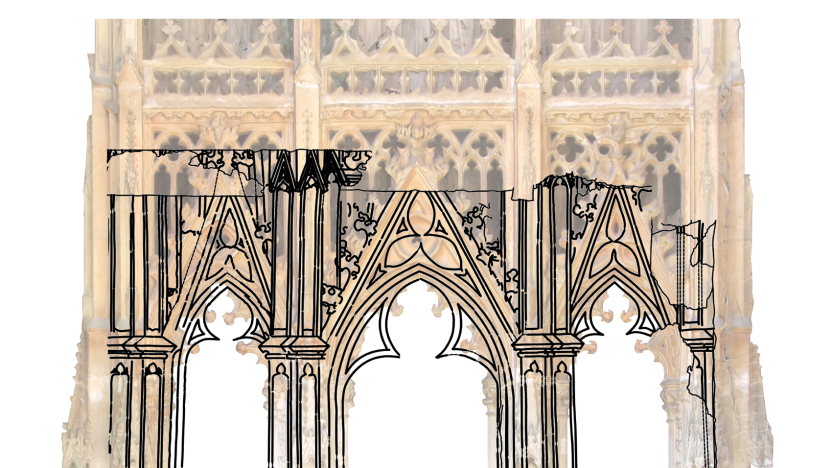 Superimposition of the tombstone depicted on the Kłodzko parchment (ca. 1390) onto an orthogonal view of the tomb of Innocent VI (ca. 1361–1362). Photo: J. Adamski, J. Raczkowski