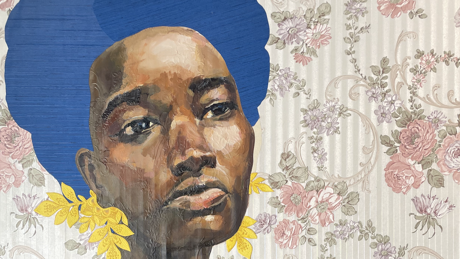 A portrait of a Black woman with large earrings like leaves and wearing a blue cami top. She has a pensive look on her face. She is against a floral wallpaper background; the pattern of the wallpaper is subtly in relief on her skin.