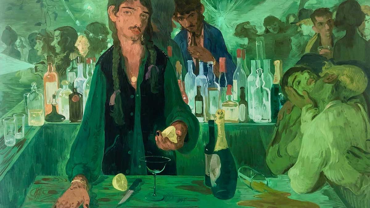 A painting of a man cutting a lemon behind a bar. The whole scene is a green hue and in the background there are rows of alcohol bottles (a bar), and a nightclub full of people.
