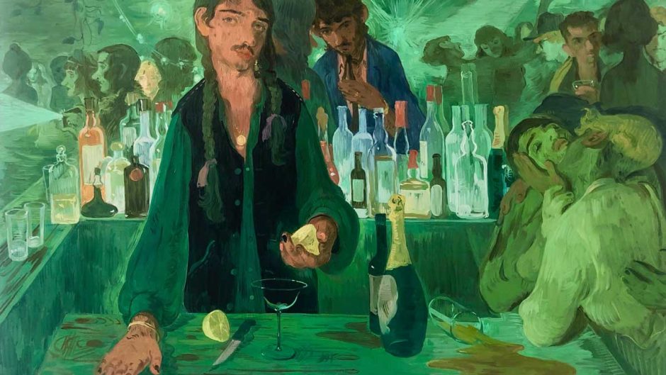A painting of a man cutting a lemon behind a bar. The whole scene is a green hue and in the background there are rows of alcohol bottles (a bar), and a nightclub full of people.