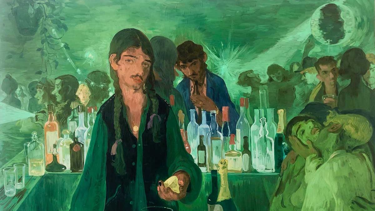 A painting of a man cutting a lemon behind a bar. The whole scene is a green hue and in the background there are rows of alcohol bottles (a bar), and a nightclub full of people.