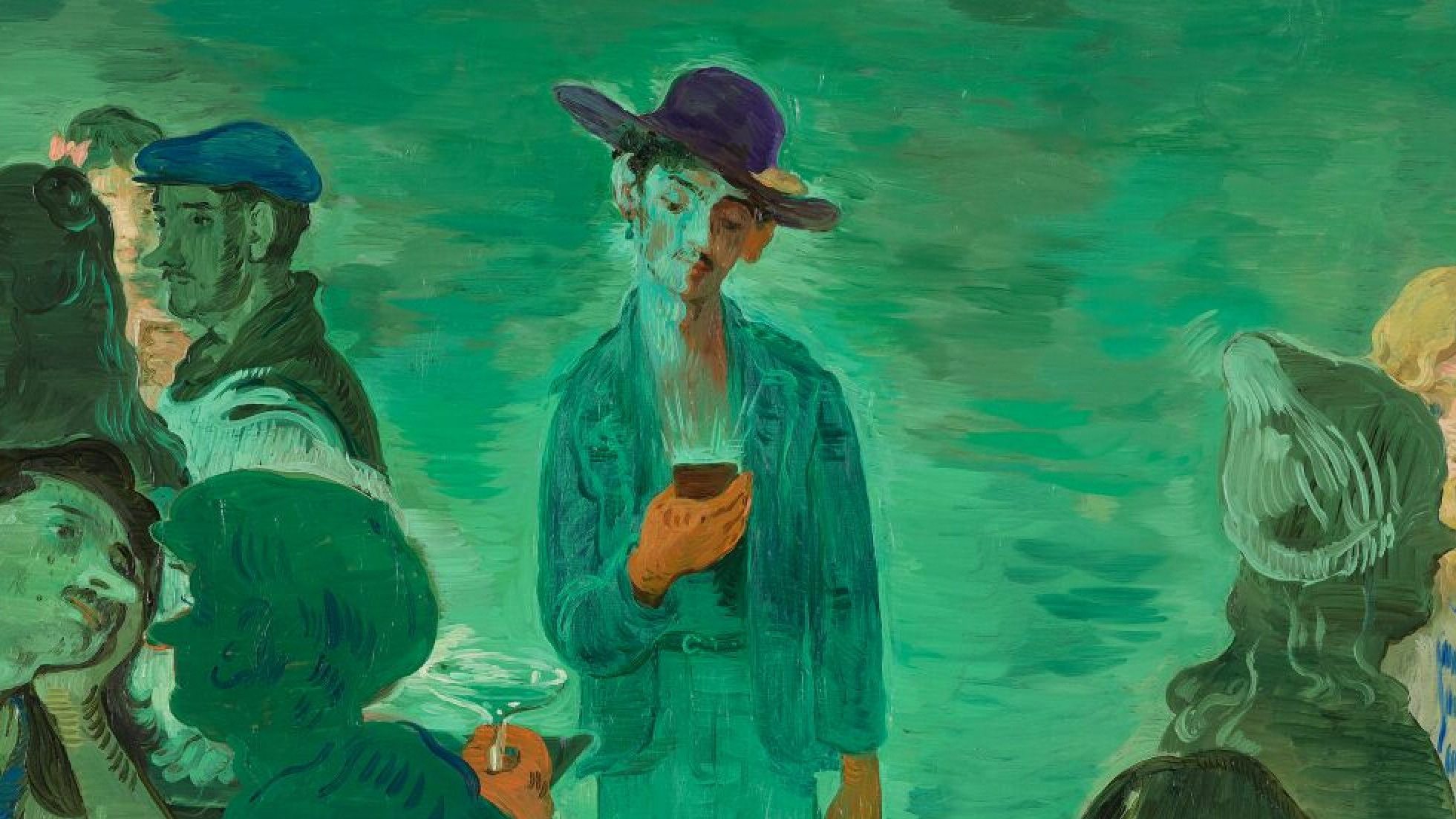 Green toned painting of a bar with figures.