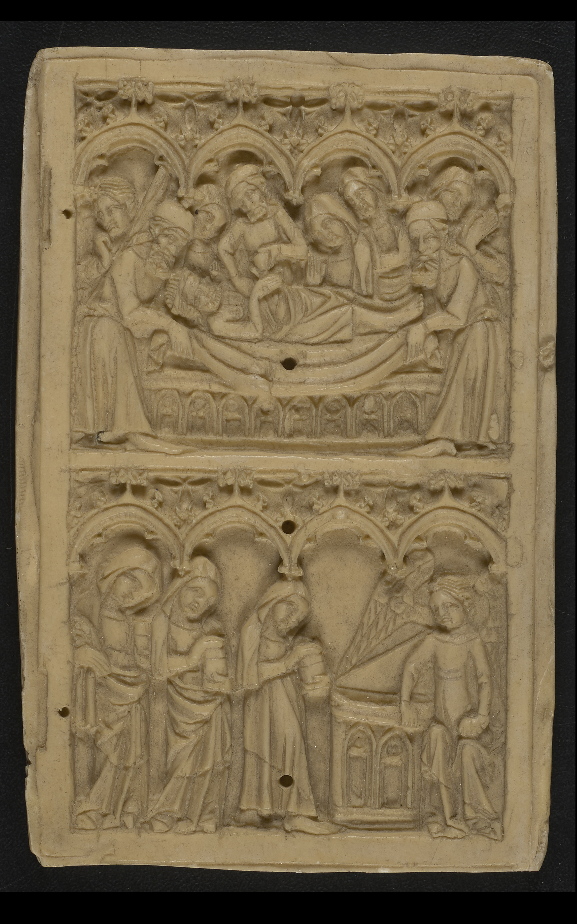 on the top: Entombment (Anointing of Christ&#039;s body). On the bottom: Three Holy Women at the Tomb, with angel seated on the tomb.