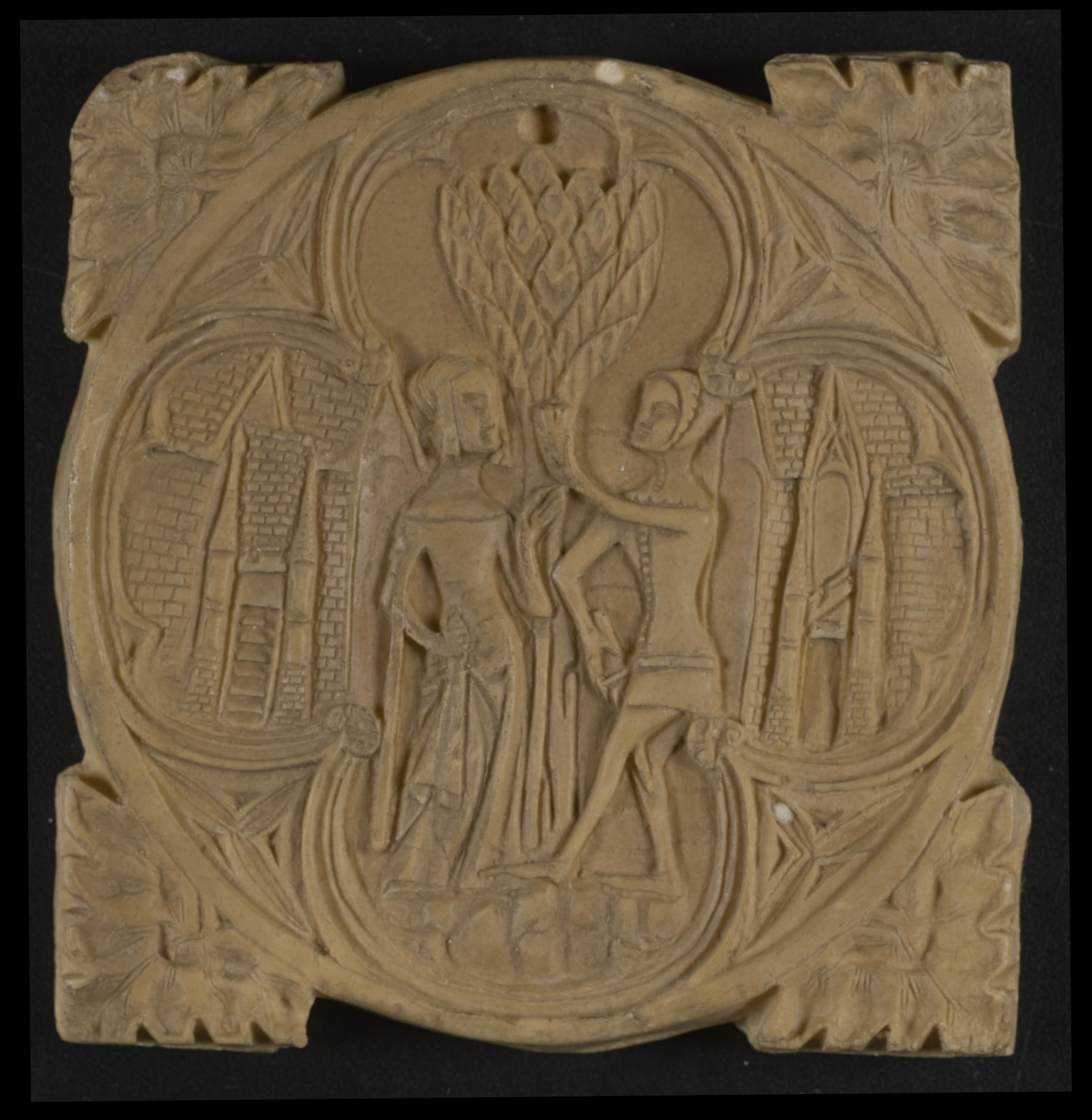 Courting couple (meeting of lovers); offering of the heart; tree; buildings.