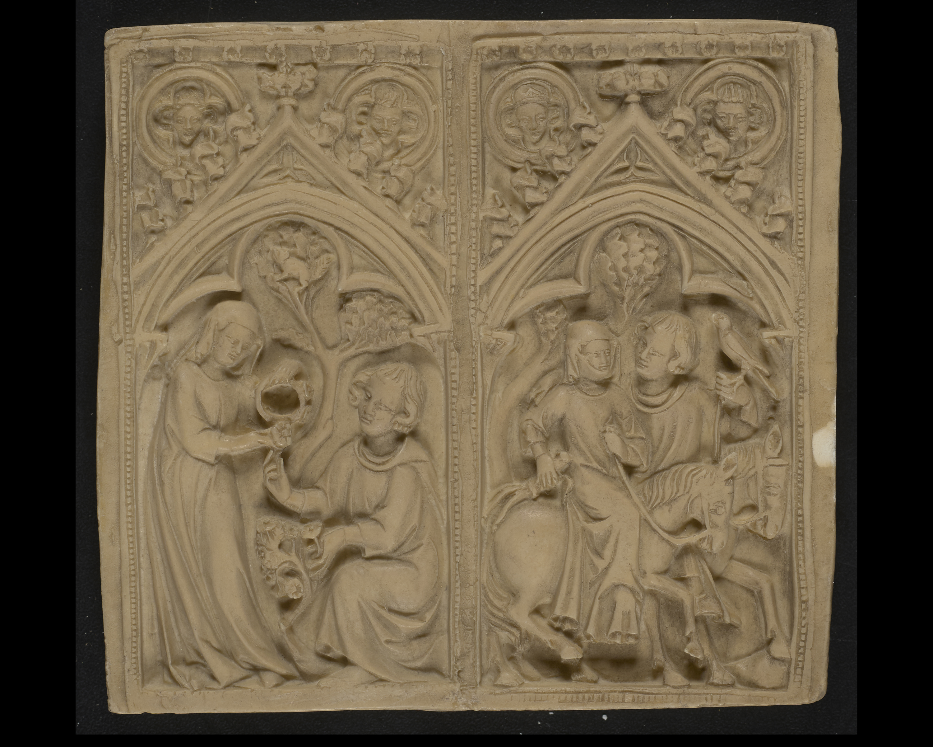 Wing, left Hawking party; courting couple (meeting of lovers); lady and youth on horseback; youth with a hawk on his wrist; lady with a whip; trees. Wing, right Courting couple (meeting of lovers); couple making a wreath or chaplet by a flowery bush.